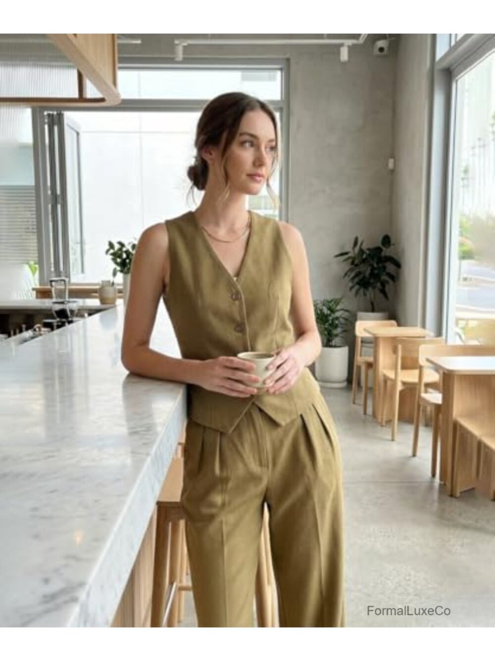 Women's 2-Piece Linen Pant Suit Vest Set Wide Leg Sleeveless Business - Picture 2 of 5